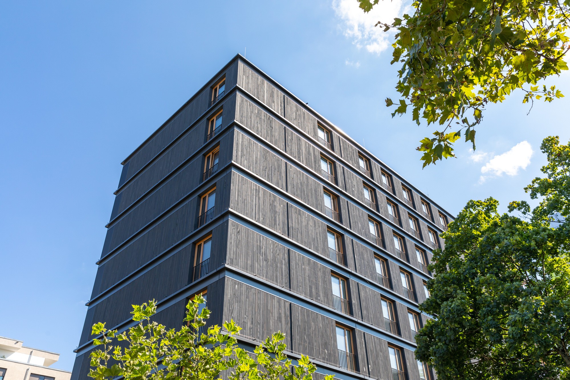 Gewerbebau aus Holz mit Wohneinheiten